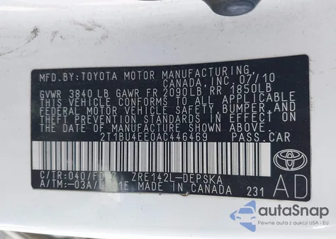 2010 Toyota Corolla S z USA, uszkodzony, nr VIN 2T1BU4EE0AC446469